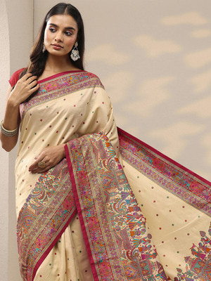 LIBAS Printed Daily Wear Silk Blend Saree(Cream)