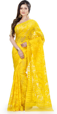 TANTLOOM Self Design Jamdani Cotton Blend Saree(Yellow)