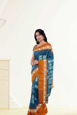 Classy Foriever Printed Ikkat Cotton Blend Saree(Light Blue)