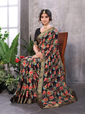 YASHIKA Printed Bollywood Georgette, Lace Saree(Black)