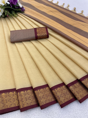KanjiQueen Checkered Jamdani Silk Blend, Cotton Blend Saree(Beige, Maroon)