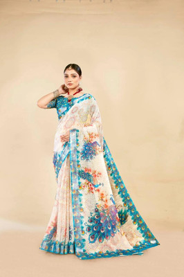 VTEXX Digital Print Saree with Attached Blouse Cotton Linen Saree(Multicolor)