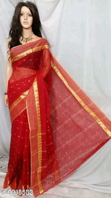 BiswasTextiles Polka Print Tant Pure Cotton Saree(Red)