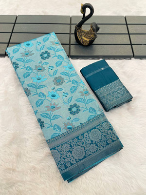GATISHVAM TEXTILE Floral Print, Woven Banarasi Art Silk Saree(Light Blue)