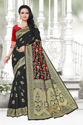 SAMRUDDHI TRENDZ Printed, Woven Banarasi Art Silk, Jacquard Saree(Black, Red)