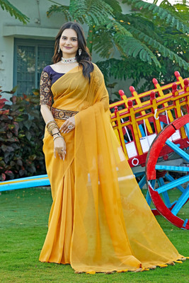 JIVI CLOTHING Solid/Plain Bollywood Organza Saree(Mustard)