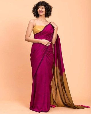 GOLU Solid/Plain Handloom Cotton Blend Saree(Pink)