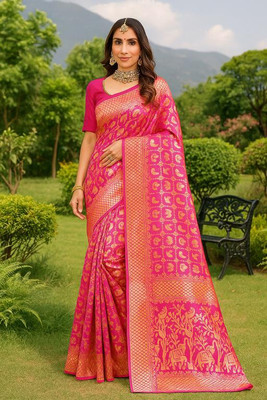VKARAN Woven Banarasi Pure Silk Saree(Pink)