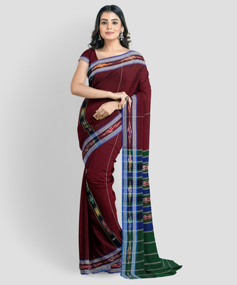 Auora Digital Print Sambalpuri Handloom Cotton Blend Saree(Maroon, Blue, Green)