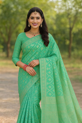 Samai Printed Banarasi Cotton Blend Saree(Light Blue)