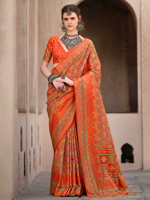 Tasrika Printed Banarasi Silk Blend Saree(Orange)