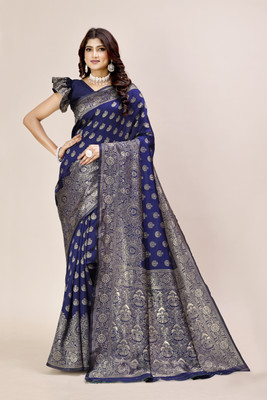 RJTAJ FAB Floral Print Banarasi Art Silk Saree(Dark Blue)