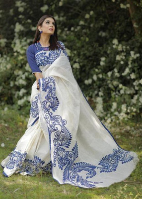 PoojaCreation Digital Print Kalamkari Linen Saree(White)