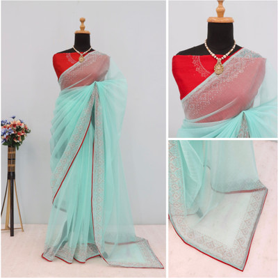 HouseOfCommon Embellished Bollywood Supernet Saree(Light Blue)