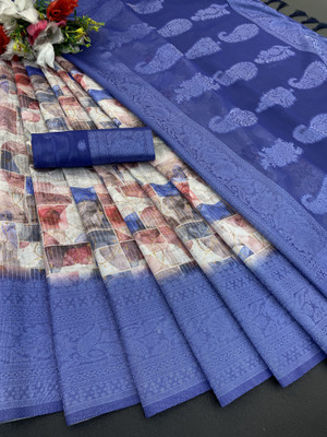 Sanskriti Synthetics Floral Print Handloom Polyester Saree(Dark Blue)