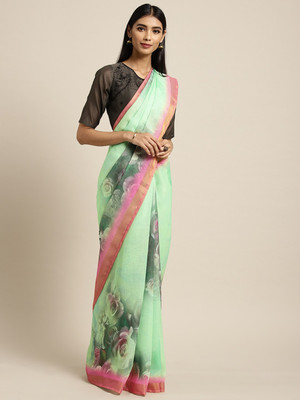 Saanjh Floral Print Saree with Attached Blouse Linen Saree(Green)
