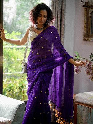 BongAp Self Design Handloom Cotton Blend Saree(Blue)