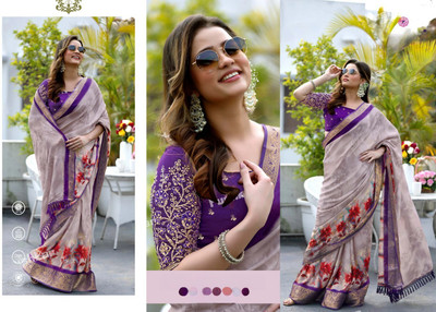 JIVI CLOTHING Printed Bollywood Cotton Blend Saree(Purple)