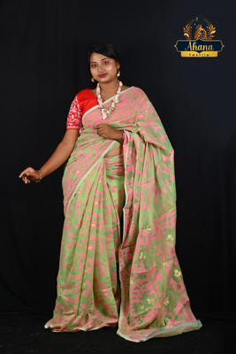Ahana Textile Printed Handloom Cotton Blend Saree(Green)