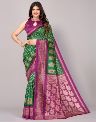 Samah Geometric Print, Printed, Self Design Mysore Silk Blend, Art Silk Saree(Green, Purple)