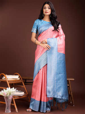 ASTITA Woven Saree with Attached Blouse Silk Blend Saree(Pink)