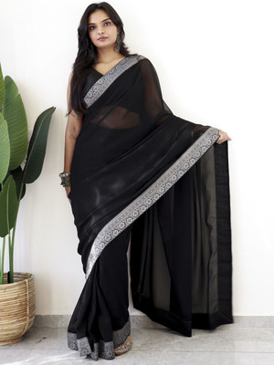 Anouk Rustic Solid/Plain Pre Draped Saree Georgette Saree(Black)