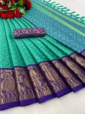 Laxmitax Woven Narayanpet Cotton Silk Saree(Light Green, Purple)