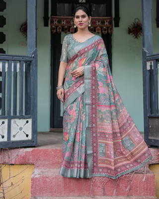 DHAYNAAND REEWA FASHION Floral Print Kanjivaram Linen Saree(Green)