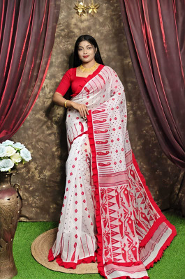 BalikaTextile Printed, Paisley, Floral Print Jamdani Cotton Silk Saree(White, Red)