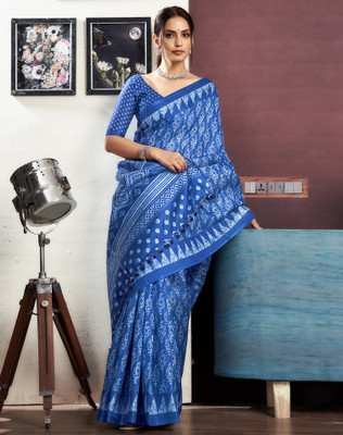 SIRIL Printed Daily Wear Cotton Blend Saree(Dark Blue)