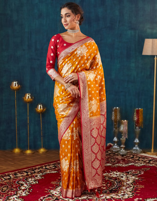 Samah Woven Banarasi Silk Blend Saree(Red, Yellow)