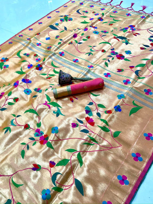 HouseOfCommon Woven Banarasi Cotton Silk Saree(Gold, Pink)