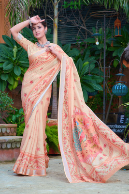 Moda Rapido Printed Daily Wear Cotton Linen Saree(Cream)