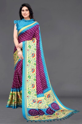 SARETRA MALL Printed Bandhani Silk Blend Saree(Blue)