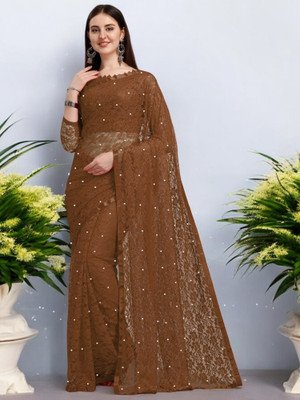 NexxaFashion Self Design Bollywood Net Saree(Brown)
