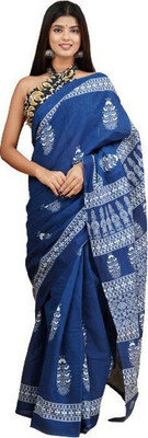 Tropwear Printed Ikkat Pure Cotton Saree(Blue)
