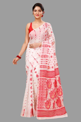 Kanokanjoli Printed Jamdani Handloom Cotton Blend Saree(Multicolor)