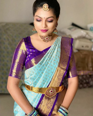 KP CREATION Self Design Bollywood Jacquard Saree(Light Blue)