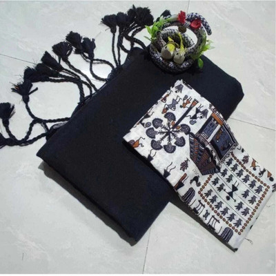 SMRITI HANDLOOM Solid/Plain Kalamkari Handloom Pure Cotton Saree(Black)