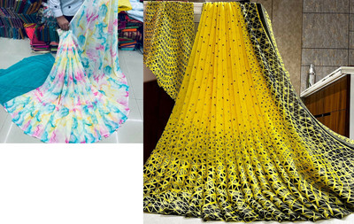 Sitanjali Printed Daily Wear Georgette Saree(Pack of 2, White, Yellow)