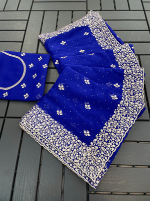 CHAMUNDA CREATION Embroidered Bollywood Organza Saree(Blue)