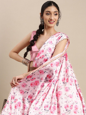 Fabian Fashion Floral Print Bollywood Satin Saree(Pink)