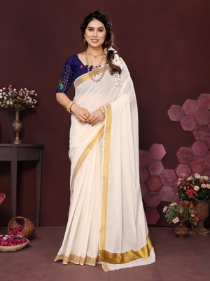 Gugaliya Solid/Plain Kasavu Pure Cotton Saree(Multicolor)