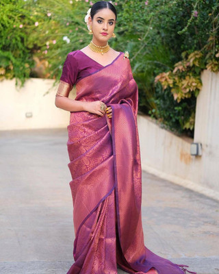 VAKHARIYAFAB Woven, Self Design Kanjivaram Silk Blend, Pure Silk Saree(Purple)