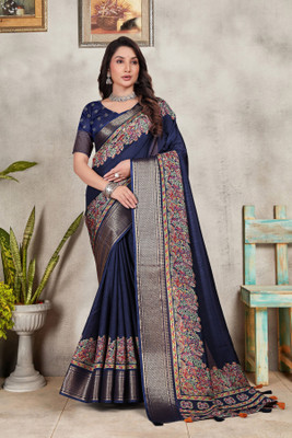 RASIFASHION Woven Banarasi Cotton Blend Saree(Dark Blue)