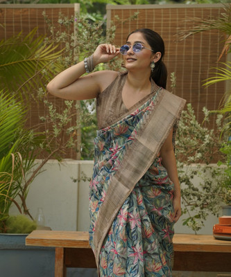 MIRCHI FASHION Floral Print Bollywood Cotton Blend Saree(Light Green, Beige, Multicolor)