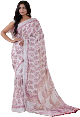 Vanedik Blocked Printed Ikkat Cotton Linen Saree(White)