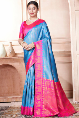 ROOP LAVANYA Woven Kanjivaram Jacquard, Art Silk Saree(Blue, Pink, Gold)