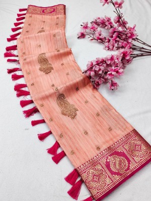 VISVASTA Embellished, Applique, Self Design, Woven Bollywood Cotton Silk Saree(Orange)