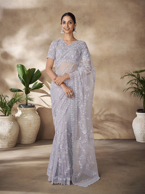 Fusionic Embroidered Leheria Net Saree(Grey)